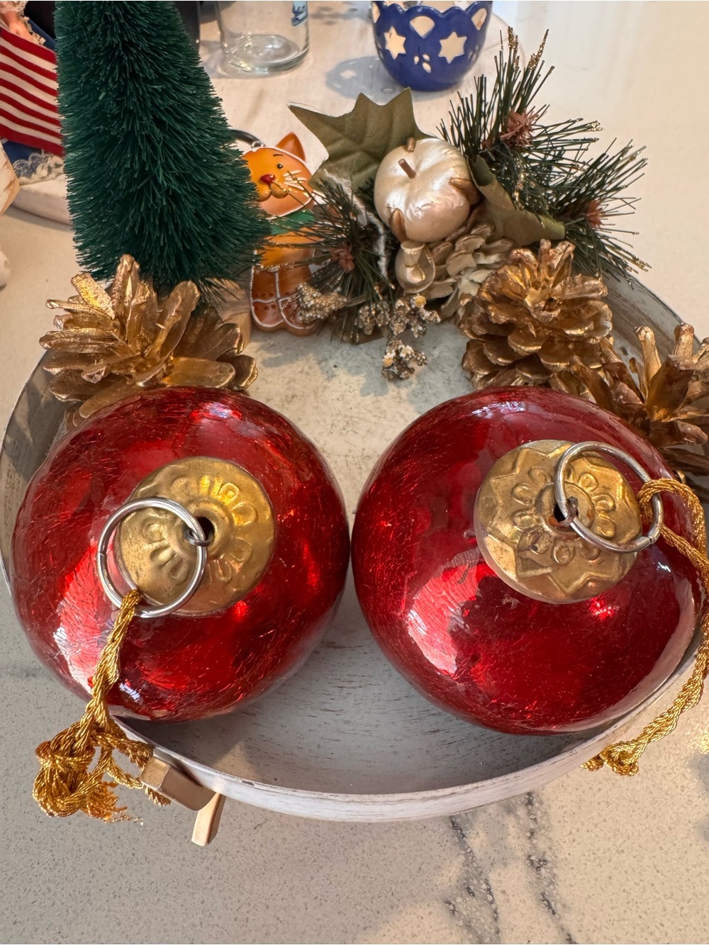 Set of 2 Heavy Red Crackle Glass Kugel Christmas Ornaments - 3.5”